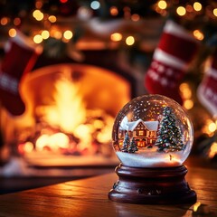 Christmas landscape in a snow globe with a cozy fireplace and festive decor