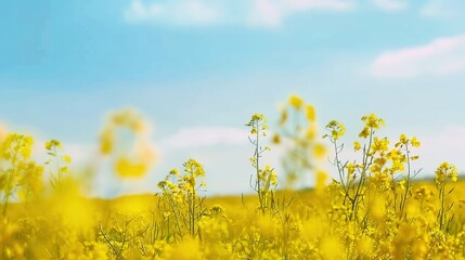 Fototapeta premium The Golden Glory of Rapeseed Field: Blue Sky Canvas, Blooming Canola, Vibrant Yellow, Rural Beauty, Floral Abundance, Pollinator Haven, Scenic Vista, Agricultural Splendor, Seasonal Spectacle & More