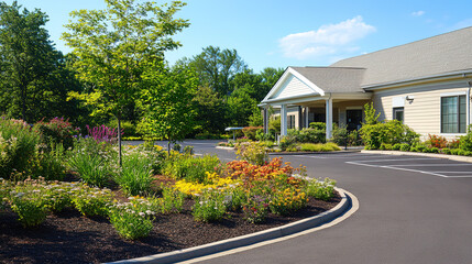 Senior care facility exterior with well-maintained garden and welcoming entrance. Emphasizing comfort and dignity in elderly living environments.