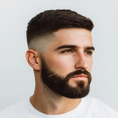 Obraz premium A short, neatly trimmed beard with clean edges and a stylish look on a white background 