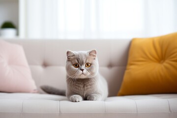 Portrait of a cute scottish fold cat while standing against modern minimalist interior