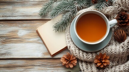 Fototapeta premium cozy winter tea setting with book and pinecones