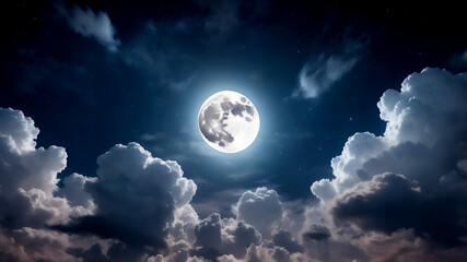 Captivating full moon illuminating clouds and stars in the night sky, sky with moon and clouds