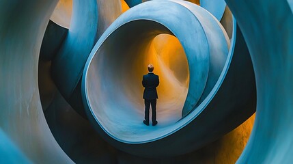 Man in suit standing within large abstract sculpture.