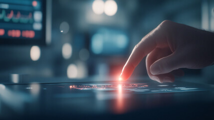 A futuristic medical diagnostic device emitting a soft glow, scanning a patientâ€™s hand as a holographic screen displays a detailed health report. Surrounding the scene are blurred monitors and