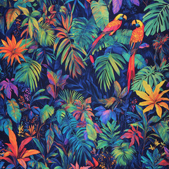 Toucan birds and heliconia, camellia flowers. Seamless pattern of tropical leaves. jungle background, wild animal