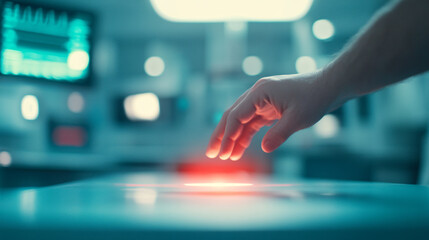 A futuristic medical diagnostic device emitting a soft glow, scanning a patientâ€™s hand as a holographic screen displays a detailed health report. Surrounding the scene are blurred monitors and