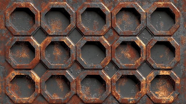 Rusty octagonal pattern with textured surface and faded colors in industrial setting showcasing aging materials and design