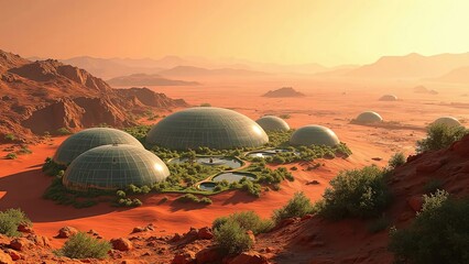 Advanced domes are set against a vibrant sunset in a barren desert, symbolizing innovations in architecture and sustainable living. Surrounding flora adds a splash of green to the arid environment.