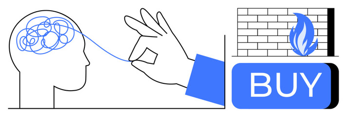 Hand unraveling tangled thread from human head leading to a BUY button. Ideal for consumer psychology, e-commerce, decision-making, online marketing, mental clarity, user behavior, digital