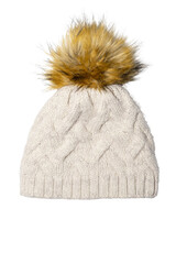winter knitted hat with fur pompom isolated on white