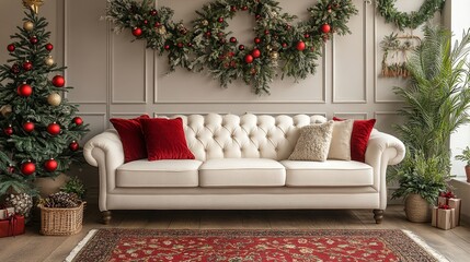 Elegant festive living room with holiday decorations