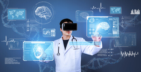 Smart doctor wearing VR glasses to access big data and pointing at medical data. Professional...