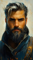 Fototapeta premium Portrait of a Bearded Man with Intense Expression: Rugged Style and Confidence Captured