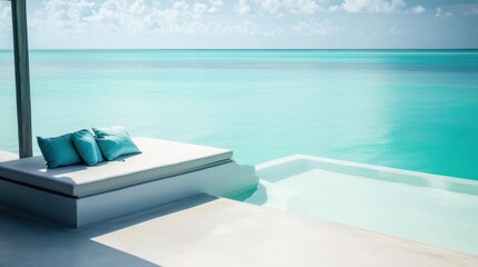 Fototapeta premium Luxurious seaside infinity pool with turquoise water and a minimalist lounge area featuring white cushions and blue pillows, overlooking a tranquil ocean and an endless horizon.