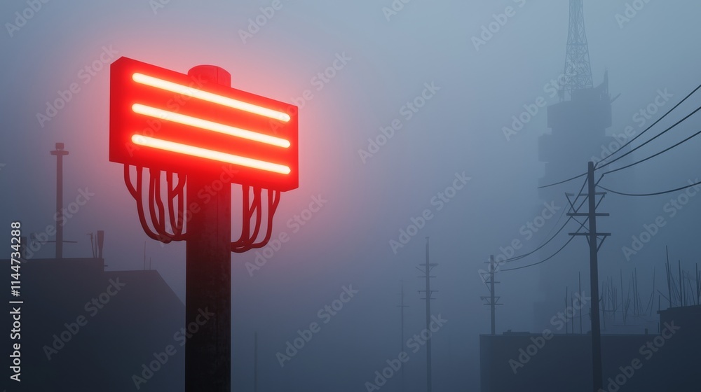 Poster A red illuminated sign stands out in a foggy setting, blending urban elements with a mysterious atmosphere.