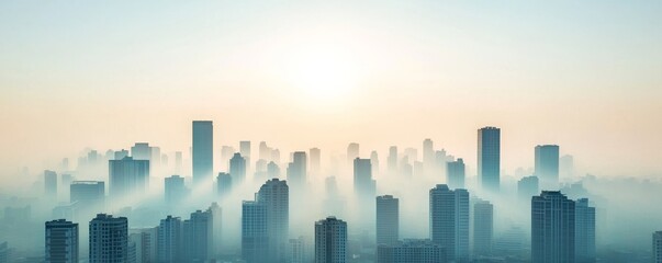 Obraz premium A serene city skyline shrouded in soft morning mist, illuminated by the rising sun, creating an ethereal atmosphere.