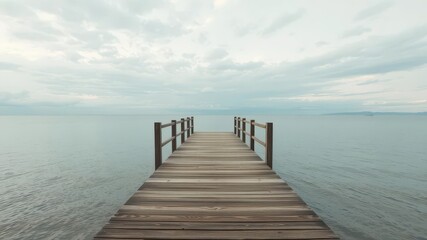 Fototapeta premium Empty wooden pier extends over tranquil sea, cloudy sky backdrop, wood,blue