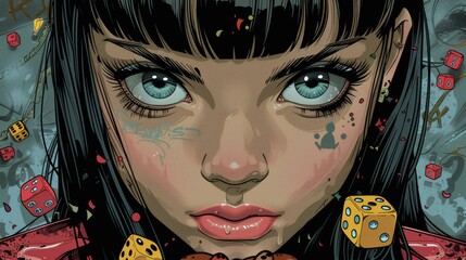 A striking portrait of a girl with intense eyes, surrounded by colorful dice and graffiti elements.