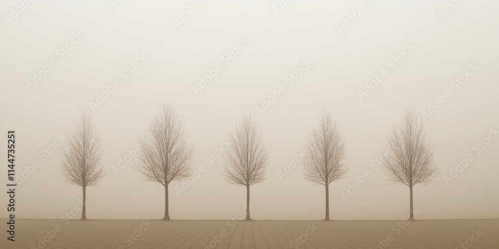 Poster a serene landscape featuring five bare trees shrouded in dense fog, creating a tranquil and minimali
