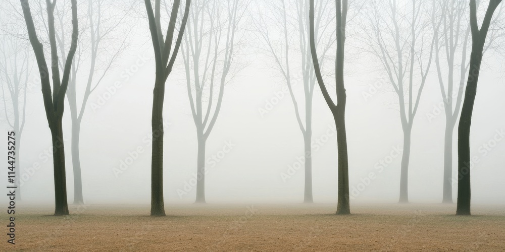 Poster a serene scene of barren trees standing in a foggy landscape, creating a tranquil yet mysterious atm