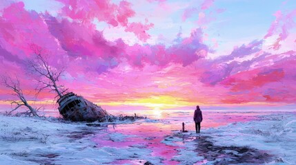 Solitary figure at sunset, overlooking a wrecked ship on a frozen shore.