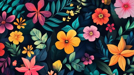 Vibrant floral pattern with various colorful flowers and leaves.