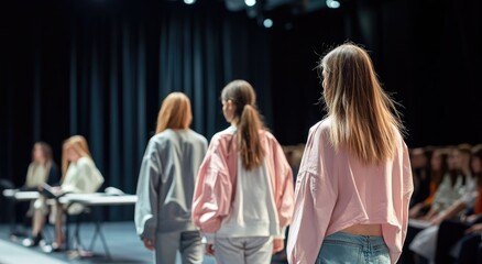 A fashion show on the catwalk, models with long, straight hair wearing oversized and dresses in pastel colors. In front of them is an audience dressed in white T-shirts