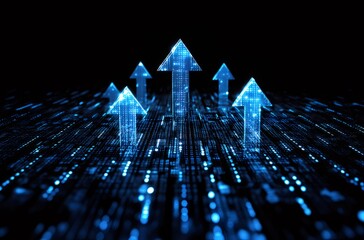 Glowing blue arrows rising on digital background.
