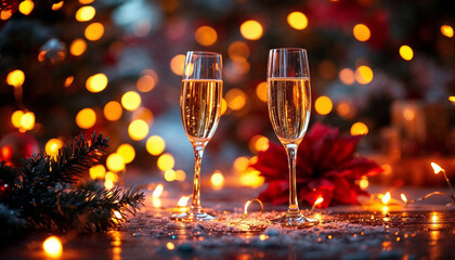 Festive Champagne Toast: Christmas Lights and Cheers