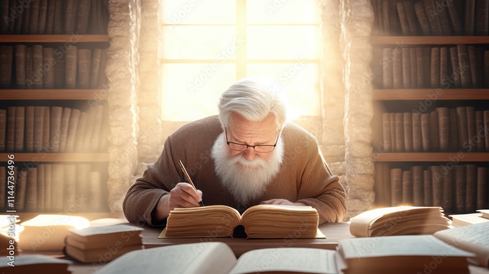 Poster a wise ancient philosopher sitting at a wooden desk, surrounded by scrolls