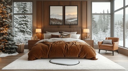 cozy winter bedroom with scenic mountain view