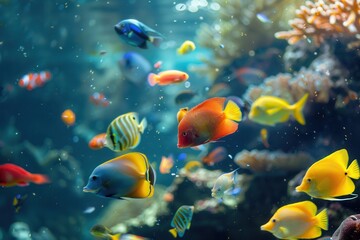 Colorful aquarium fish swim gracefully in a vibrant underwater world filled with coral and marine life. Generative AI