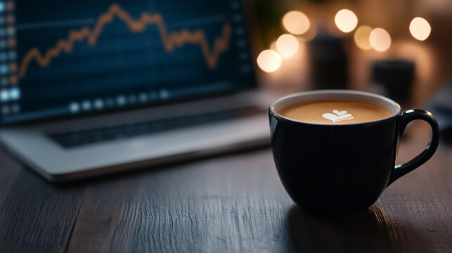 serene office environment with coffee cup and monitor trends - Powered by Adobe