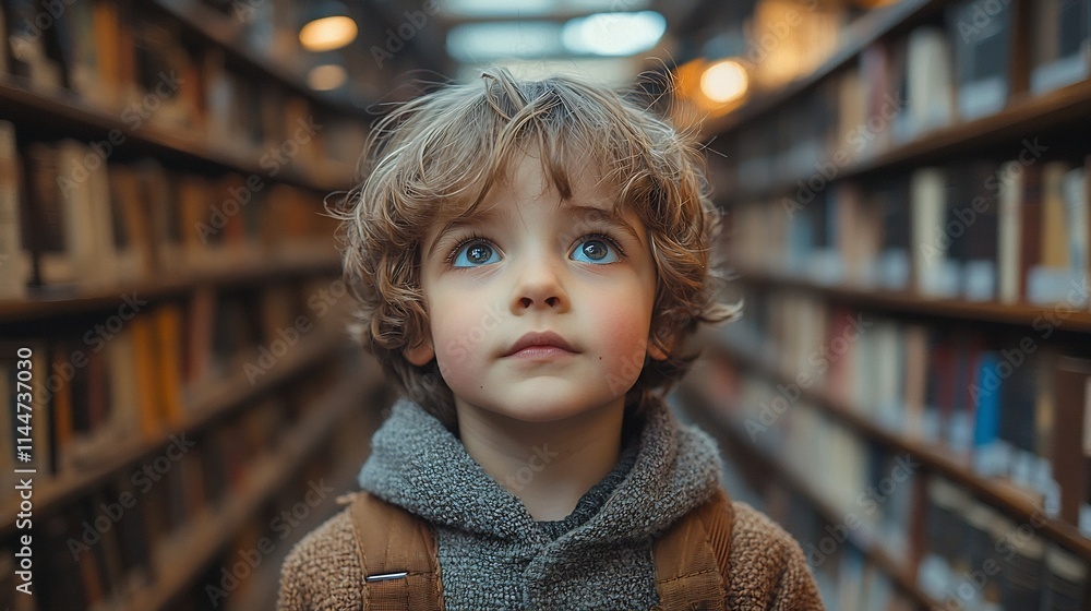 Aufkleber curious child exploring library aisle with wide eyes surrounded by endless knowledge and possibiliti