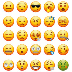 Obraz premium Collection of various emoji faces representing different emotions and expressions, suitable for digital communication and social media.