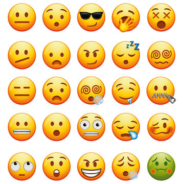 Naklejki Collection of various emoji faces representing different emotions and expressions, suitable for digital communication and social media.