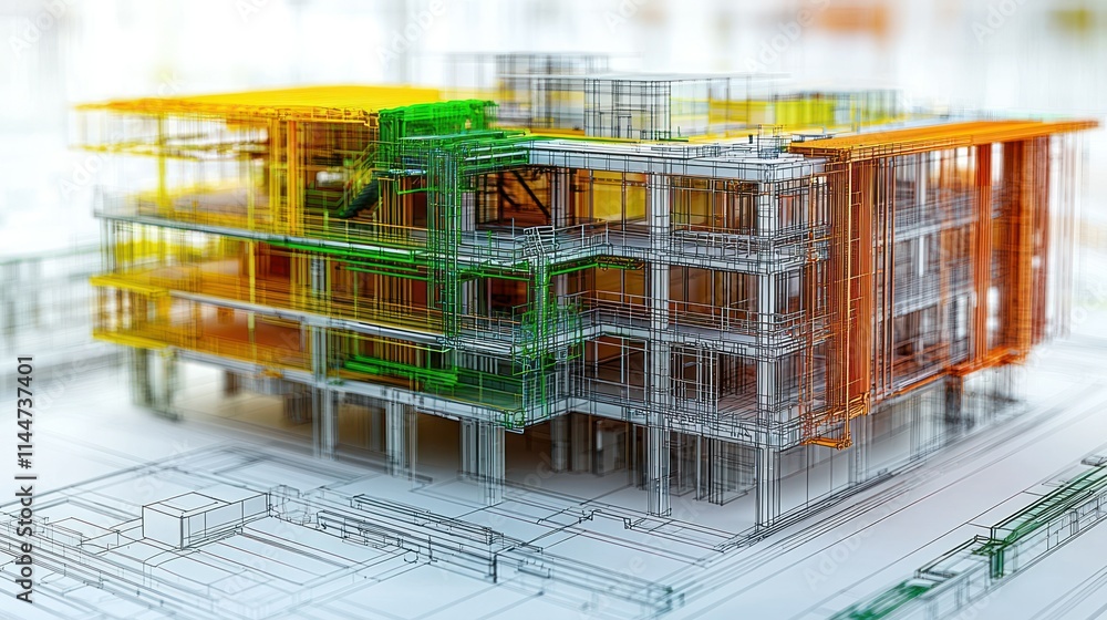 Poster 3d architectural model showcasing building design.