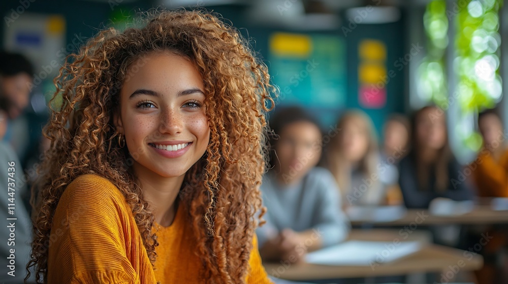 Poster confident student giving presentation to supportive classmates in classroom setting