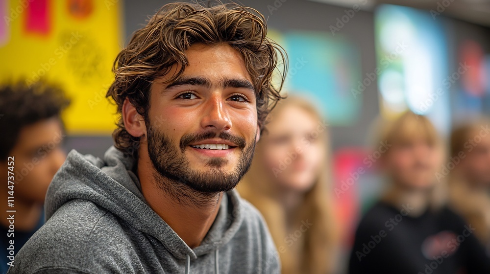 Aufkleber confident student giving presentation to supportive classmates in modern classroom setting