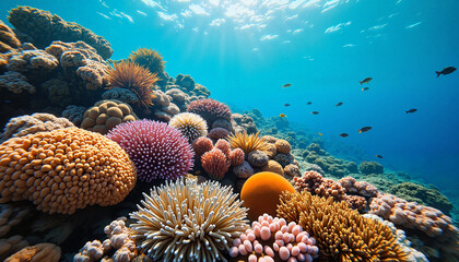 Vibrant coral reef ecosystem with colorful corals and tropical fish under sunlit ocean