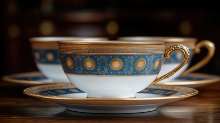 Fototapeta premium Close-up of elegant, ornate teacups and saucers with gold detailing and blue patterns on a wooden table.