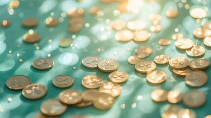 A collection of shamrocks and golden coins scattered on a