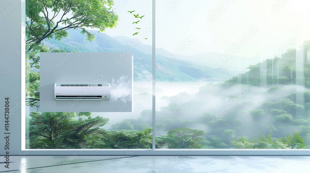 Poster Cool air flows from wall mounted unit while fresh breeze enters through open window in peaceful natural setting. Generative AI