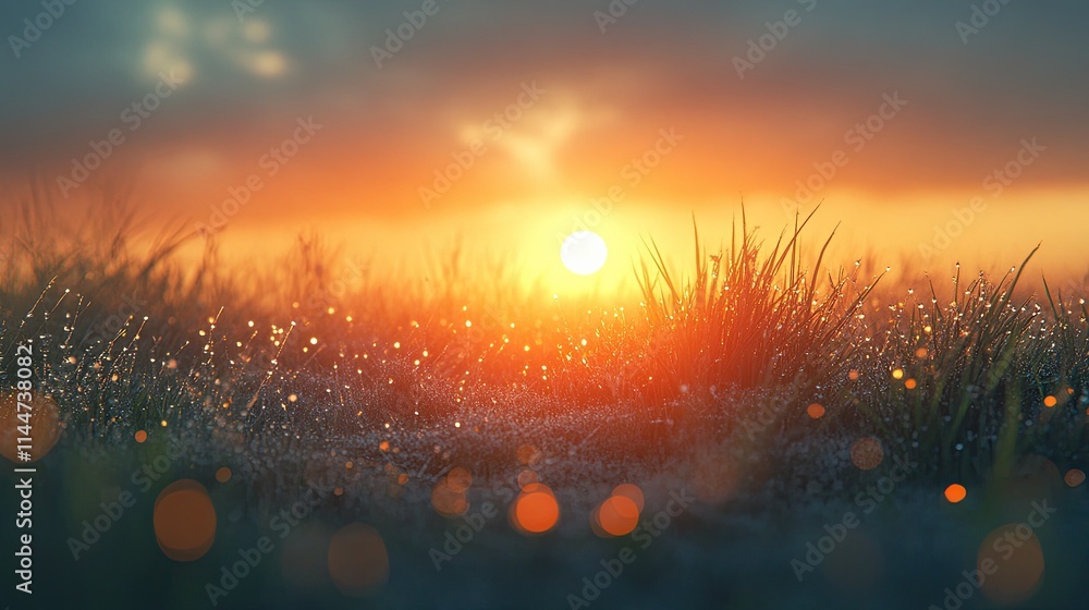 Poster grass with drips of dew against the backdrop of the lowering sun artificial intelligence.