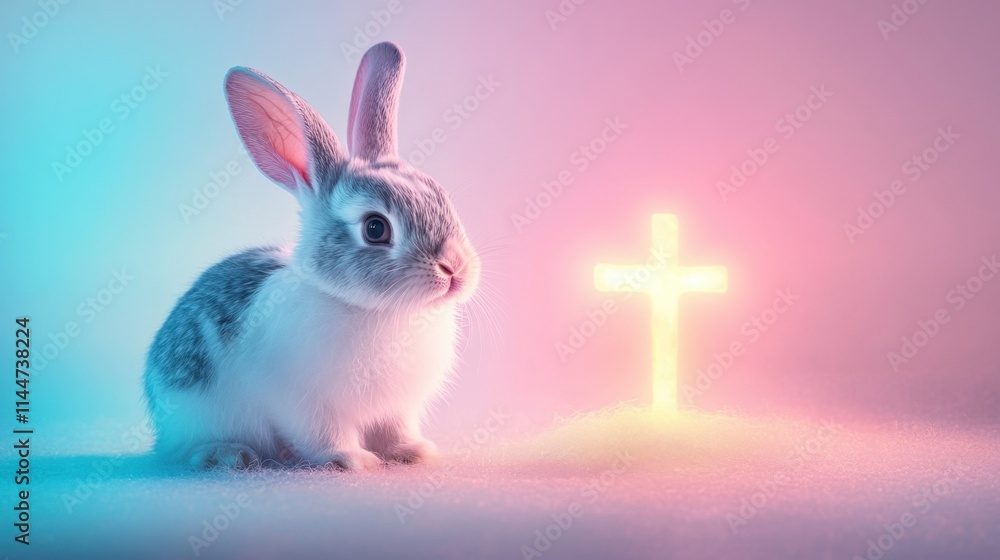 Poster an abstract easter composition featuring a bunny rabbit and a glowing cross, with ample space for te