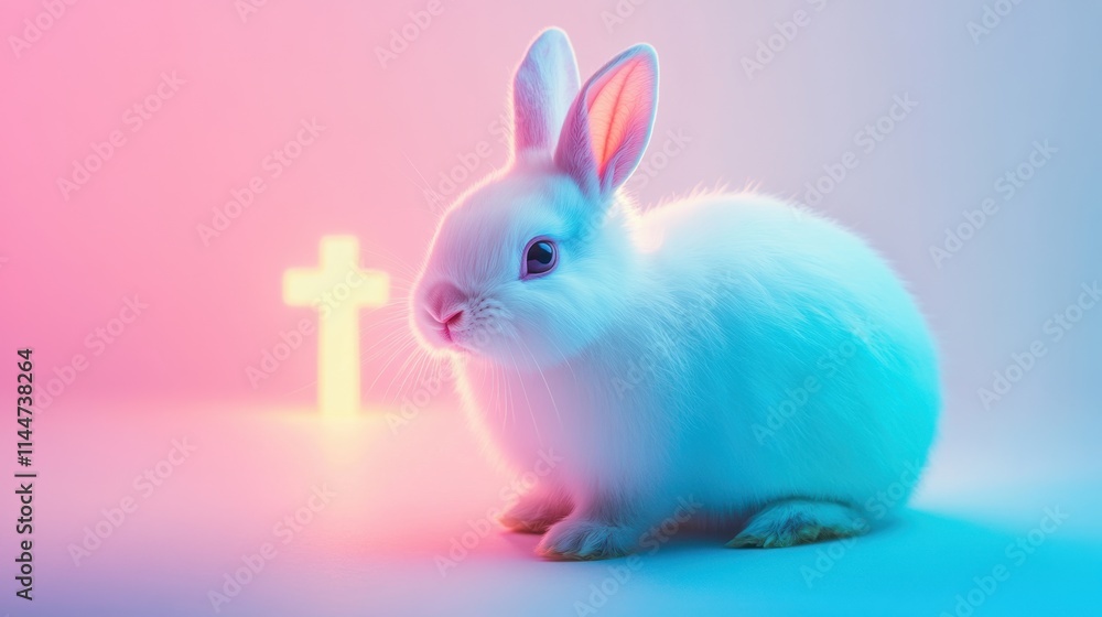 Poster an abstract easter composition featuring a bunny rabbit and a glowing cross, with ample space for te