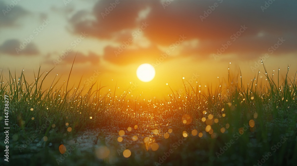 Poster grass with drips of dew against the backdrop of the lowering sun artificial intelligence.