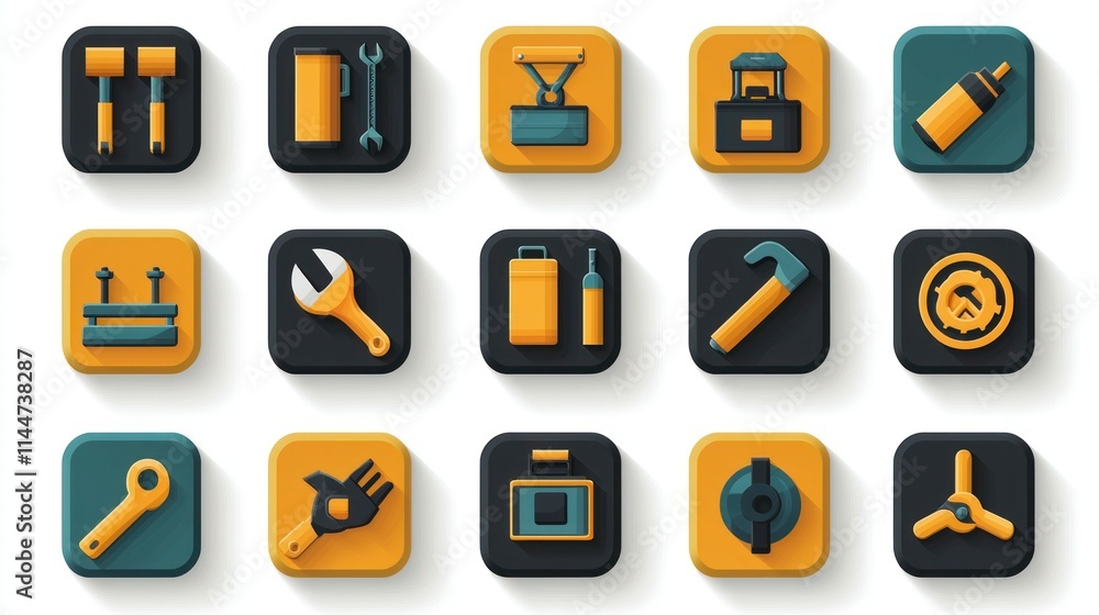 Poster collection of tool icons in a modern design layout.