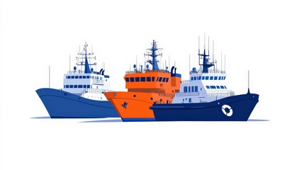Naklejka premium Vibrant and Modern Illustration of Three Distinct Types of Utility Boats in a Clean and Minimalist Design, Showcasing Maritime Services and Navigation Focus